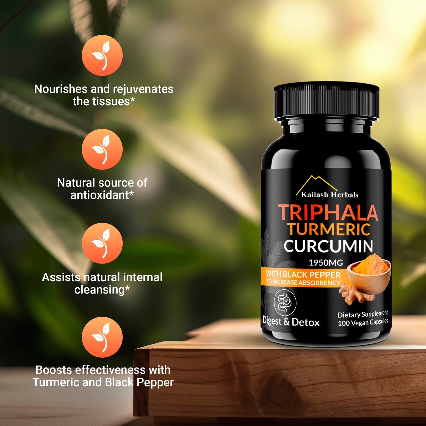 Kailash Herbals Triphala capsule with Turmeric and Black Pepper, boosting digestion, detox, and enhancing nutrient bioavailability.