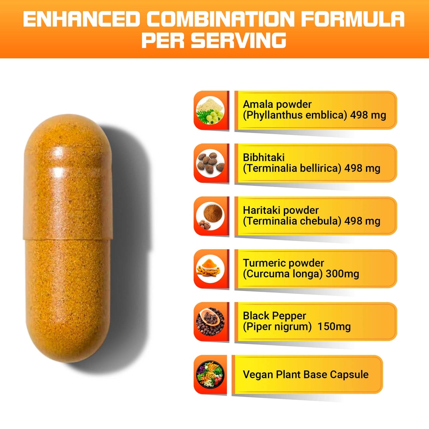 Kailash Herbals Triphala capsule with its composition—Triphala, Turmeric, Black Pepper—and their digestive and detox benefits.