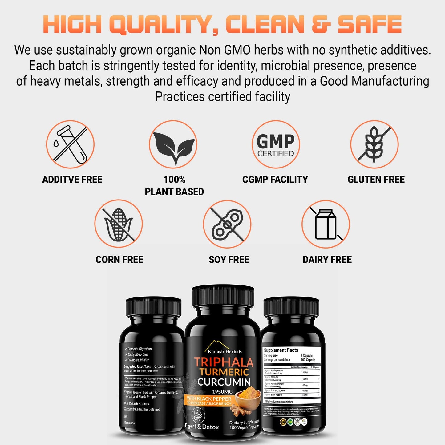 Kailash Herbals Triphala supplement highlighting high-quality, clean, safe, and GMP-certified production for trusted daily use.