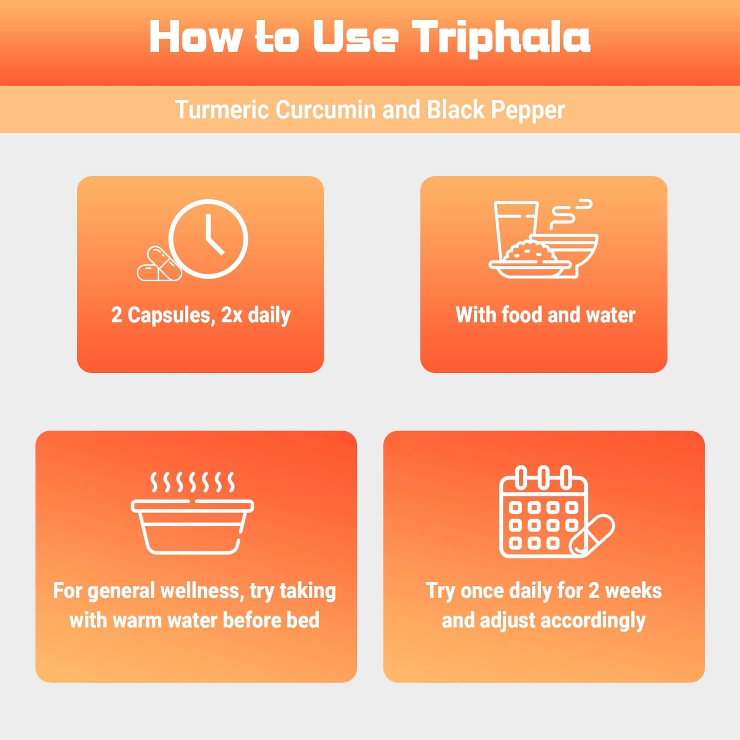 Kailash Herbals Triphala supplement showing recommended use—take 2 capsules twice daily to support digestion, detox, and wellness.