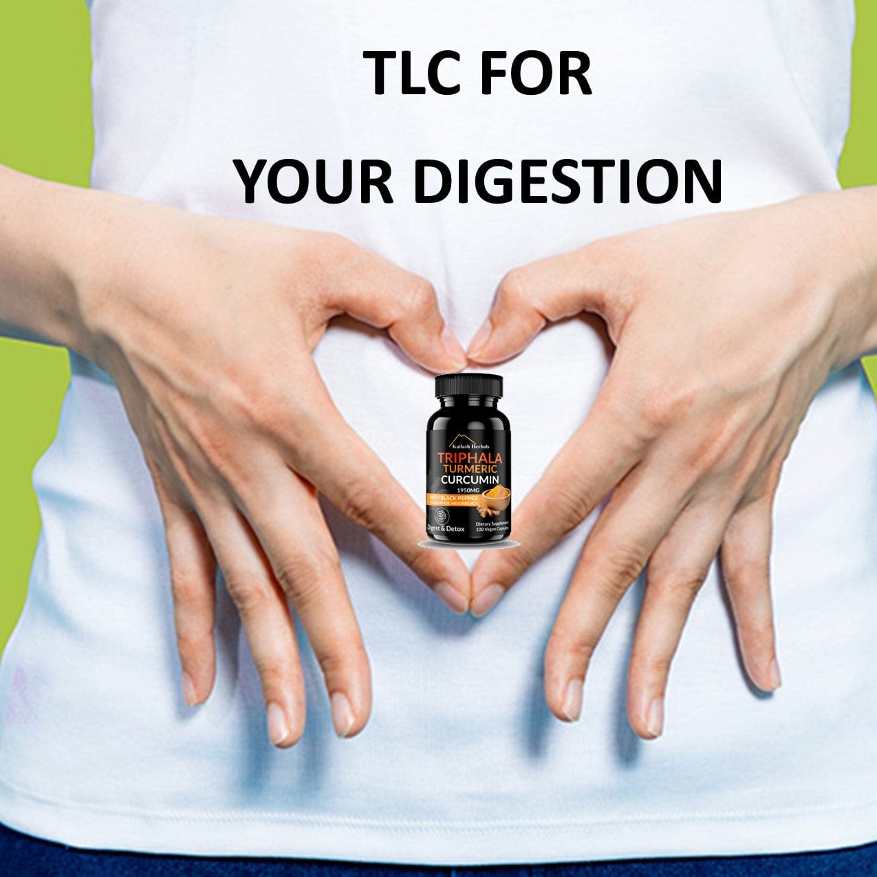 Kailash Herbals Triphala, Turmeric & Curcumin – TLC for your digestion with 100 vegan capsules supporting gut health and detox.