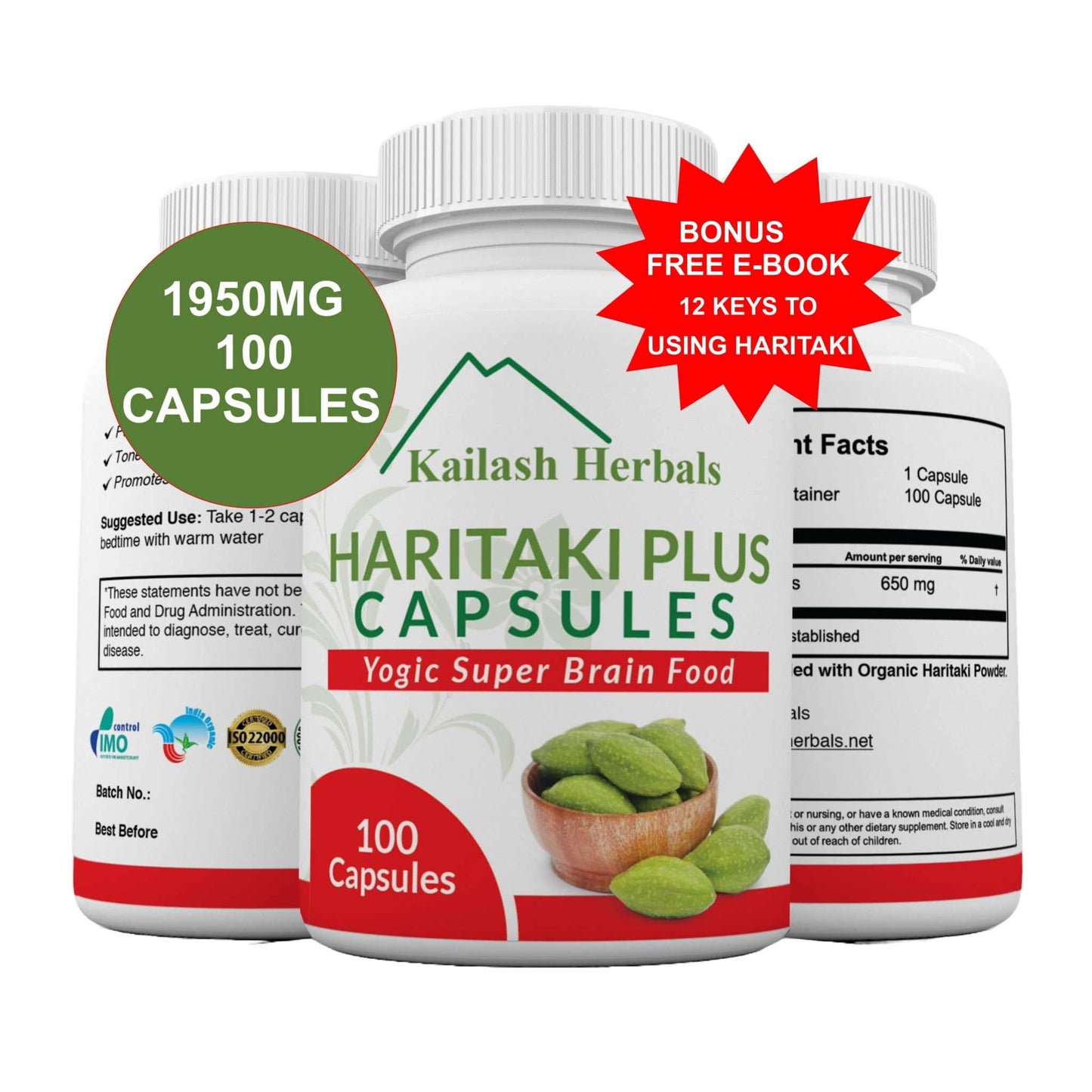 Kailash Herbals Haritaki Plus Capsules with Bonus free E-Book "12 Keys to using Haritaki"
