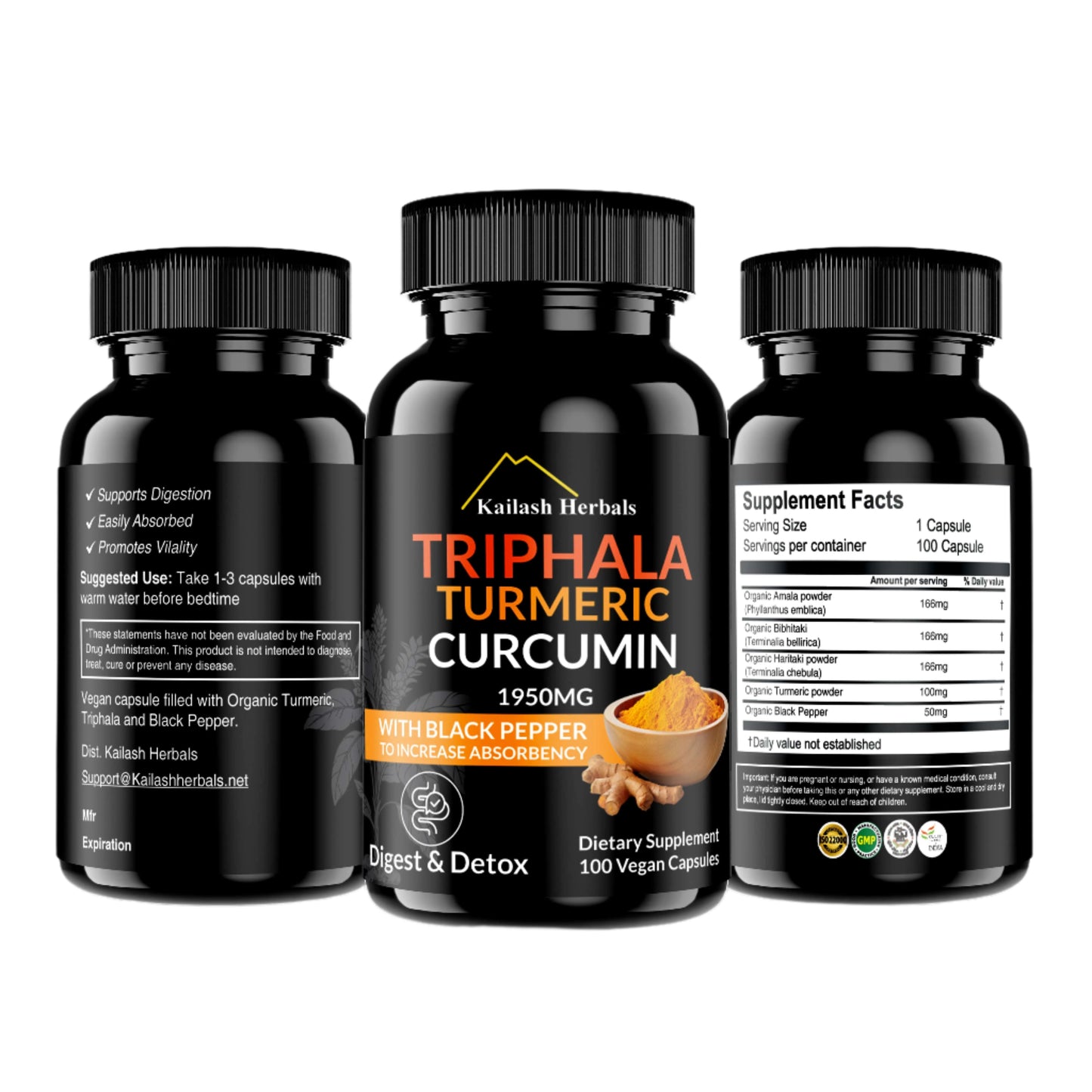 Kailash Herbals Triphala, Turmeric & Curcumin bottles – 100 vegan capsules for digestive health, detox, and immune support.