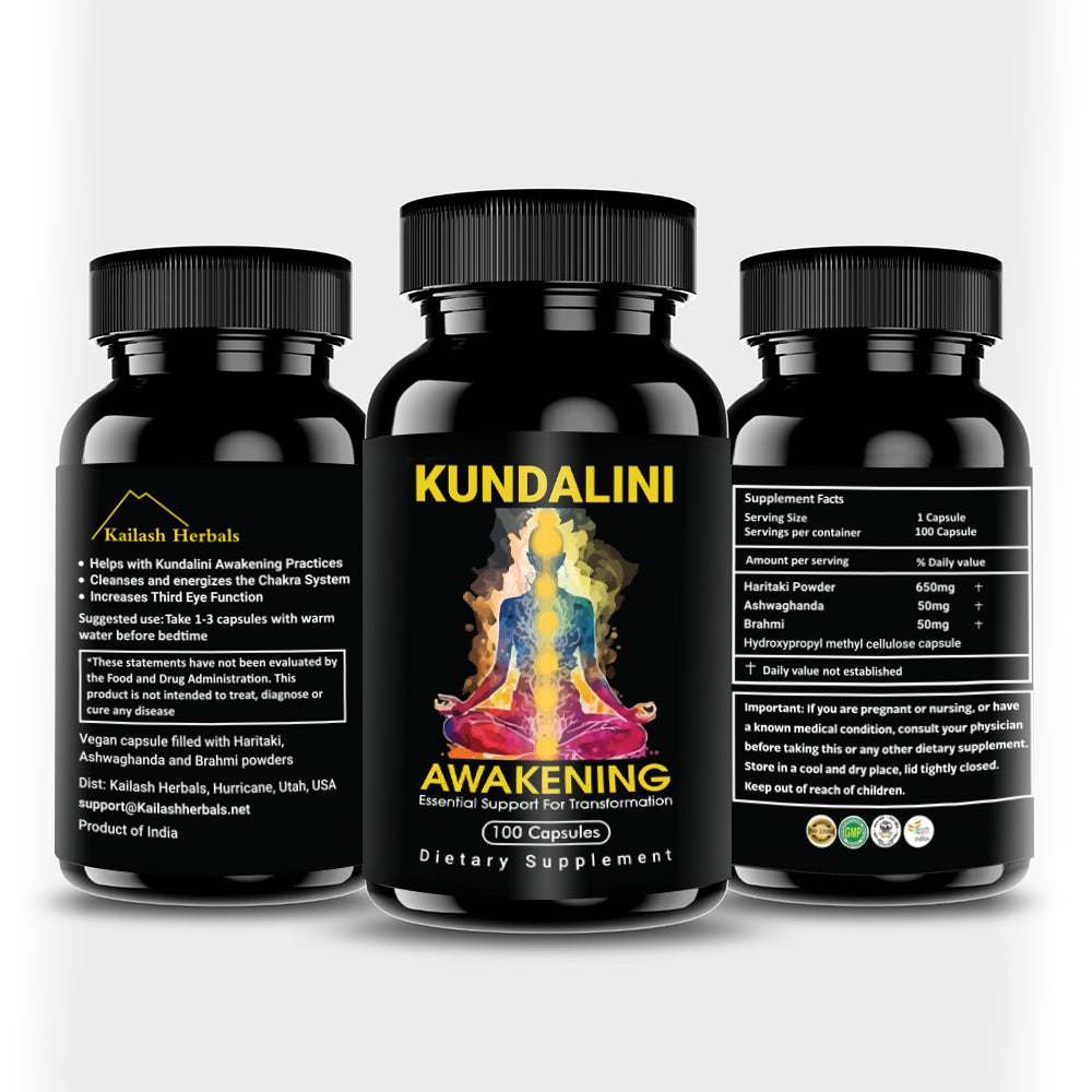 Three bottles of Kundalini Awakening dietary supplements.