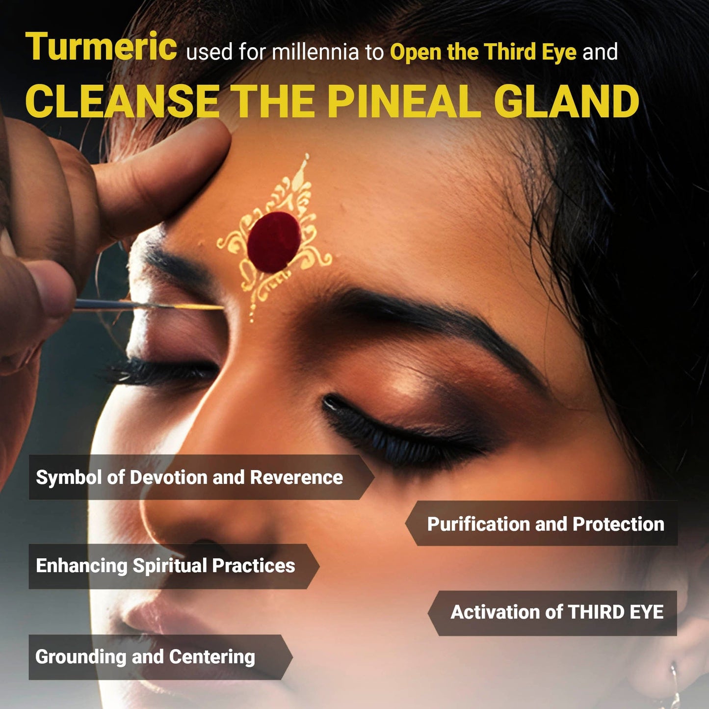 Turmeric used for millennia to cleanse the pineal gland and support third eye activation, featured in Kailash Herbals formula.