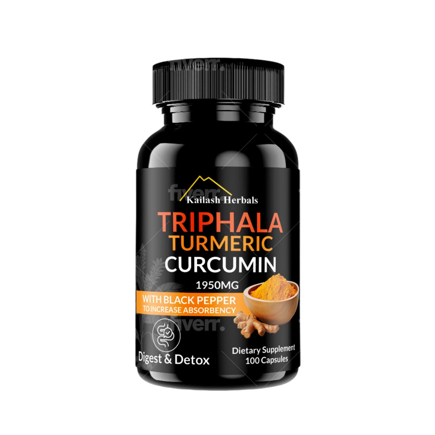 Kailash Herbals Triphala, Turmeric & Curcumin bottle – 100 vegan capsules for digestive health, detox, and immune support.