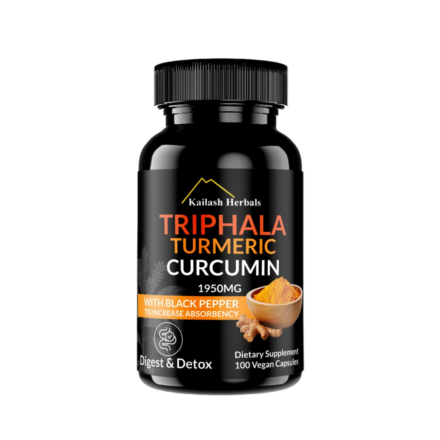 A bottle of Kailash Herbals Triphala, Turmeric, Curcumin, with Black Pepper dietary supplement, containing 100 vegan capsules for digest and detox.