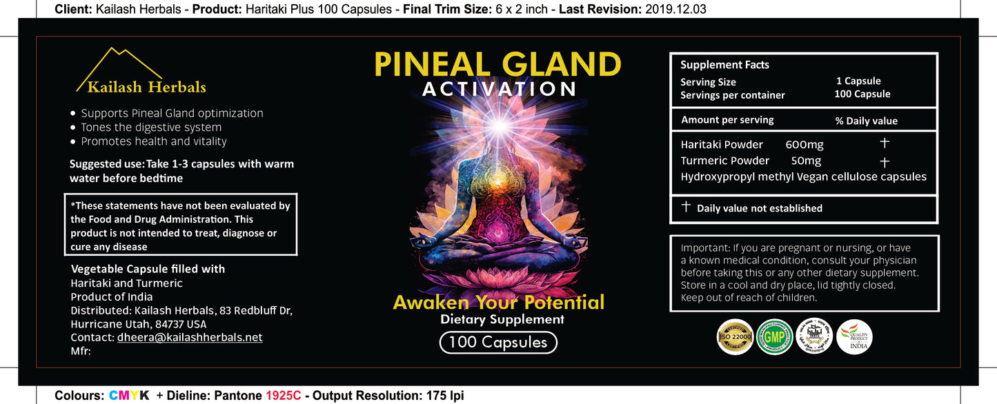 Kailash Herbals Pineal Gland Activation Formula bottle label showing product facts, ingredients, and suggested dosage instructions.