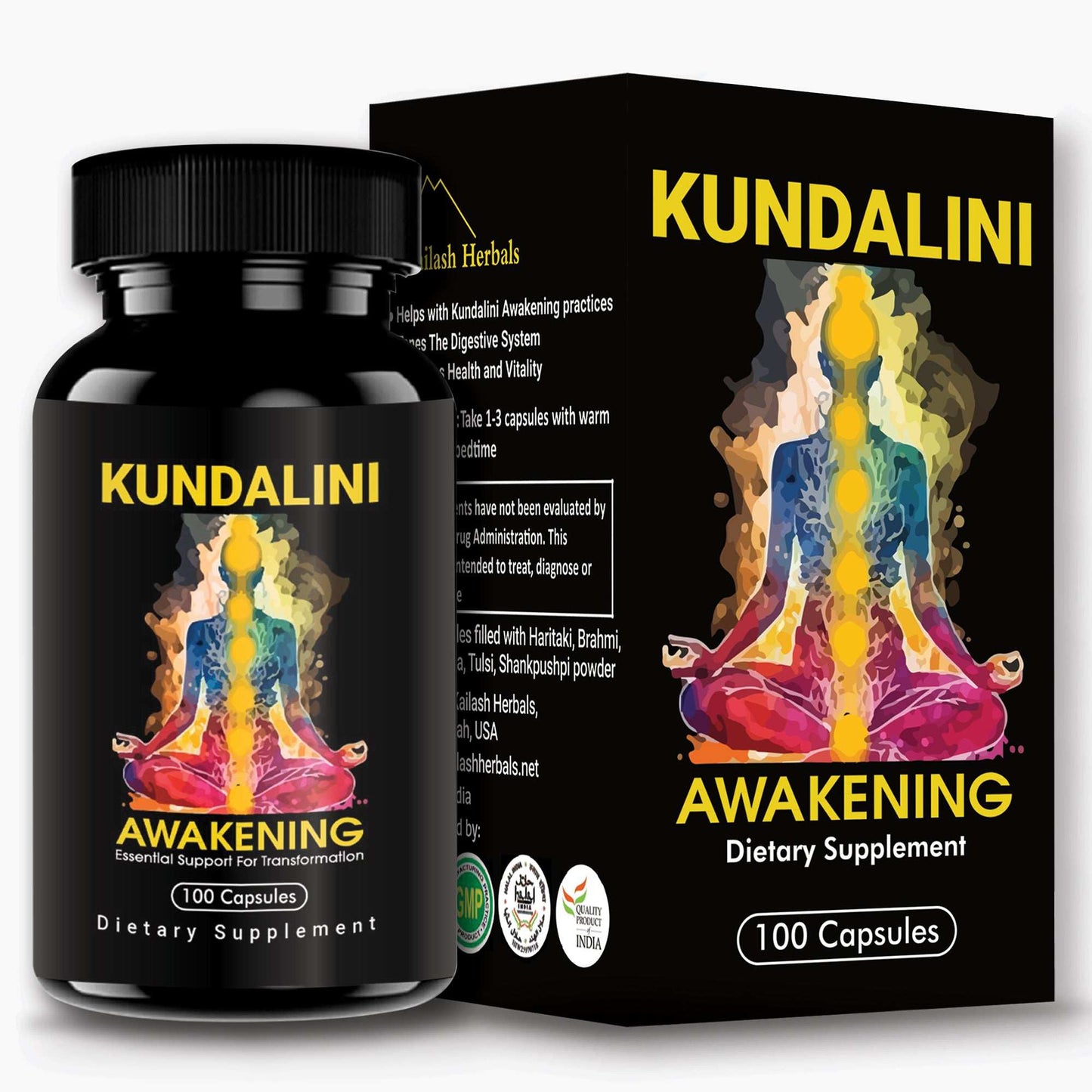 Kundalini Awakening dietary supplement bottle and packaging.