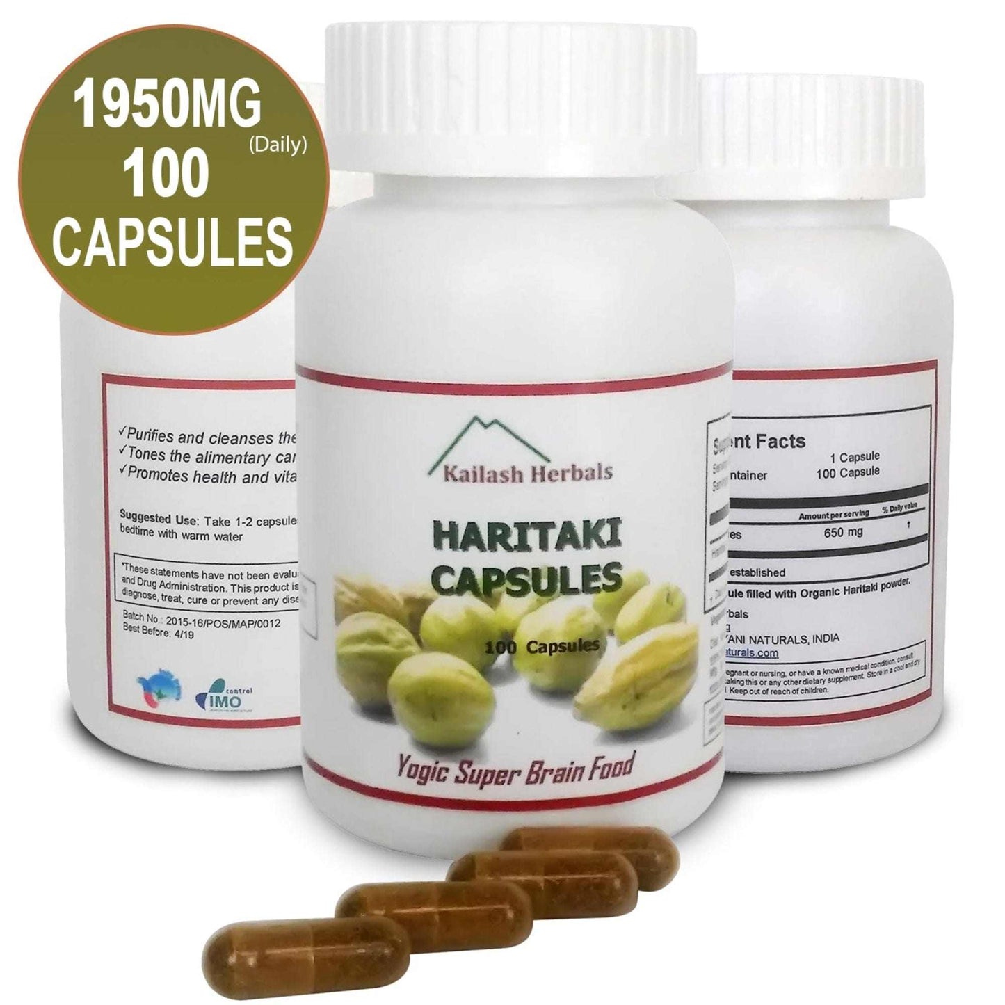 Kailash Herbals Pure Organic Haritaki Plus bottle – 100 capsules supporting digestion, brain function, energy, and overall wellness.