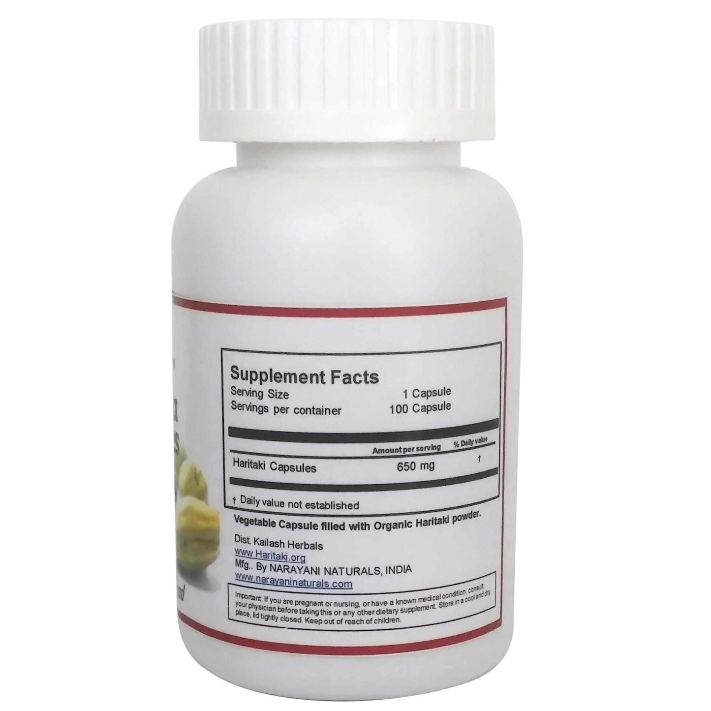 Back label of Kailash Herbals Pure Organic Haritaki Plus bottle showing supplement facts, ingredient details, and nutritional information.