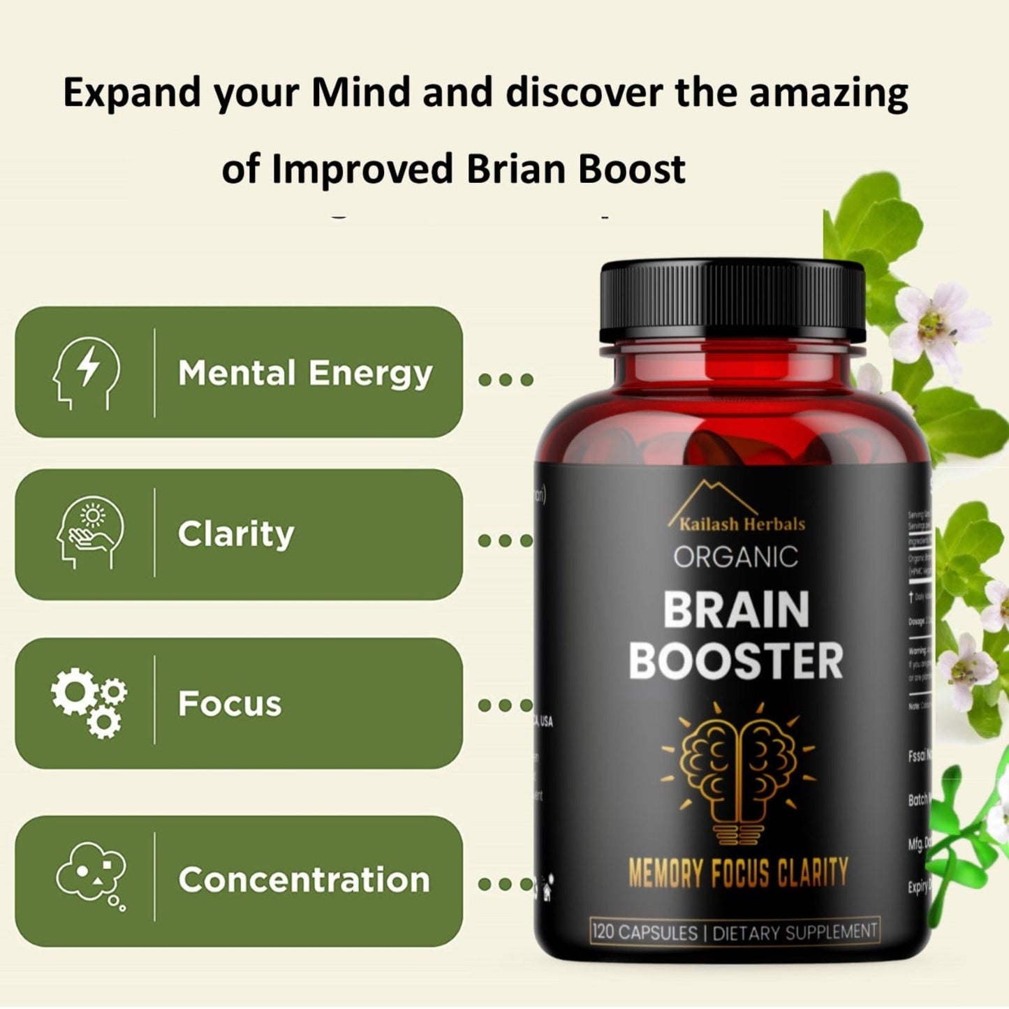 Organic Brain Booster, Nootropic Brain Supplement, Bacopa Monnieri/Brahmi, for Mental Sharpness, Focus, Memory, and Cognitive Wellness, 120 Capsules 500mg, 2 Month Supply