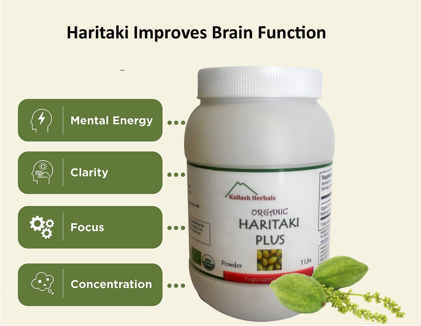 Kailash Herbals Haritaki Powder bottle with highlighted benefits—mental energy, clarity, focus, and concentration.