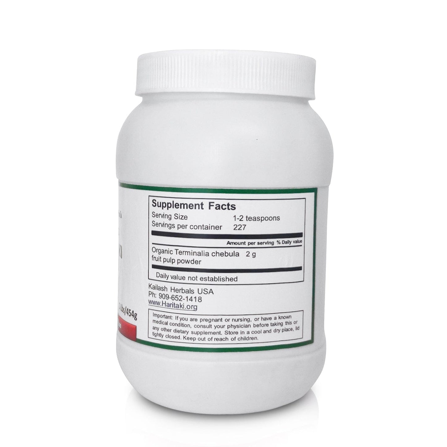 Back label of Kailash Herbals Haritaki Powder showing supplement facts, organic capsules, ingredient details, and nutritional info.