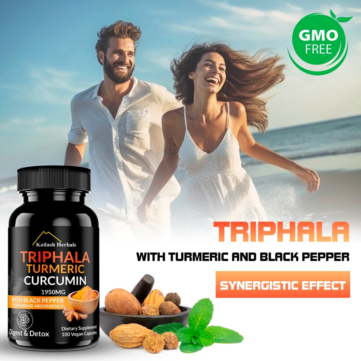 
                  
                    Kailash Herbals Triphala, Turmeric, Curcumin, 1950MG with Black Pepper, 100 Vegan Capsules, Digest & Detox Dietary Supplement
                  
                