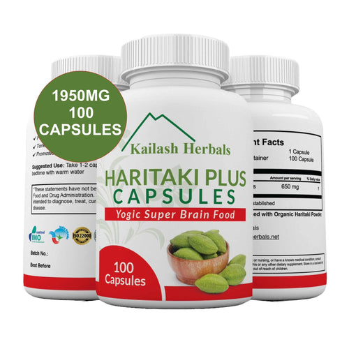 Kailash Herbals Haritaki Plus Capsules packaging. 100 Capsules of 1950 mg