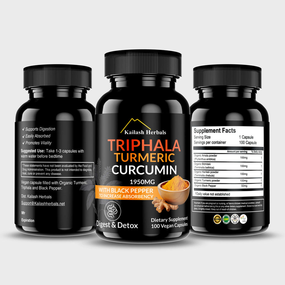 
                  
                    Kailash Herbals Triphala, Turmeric, Curcumin, 1950MG with Black Pepper, 100 Vegan Capsules, Digest & Detox Dietary Supplement
                  
                