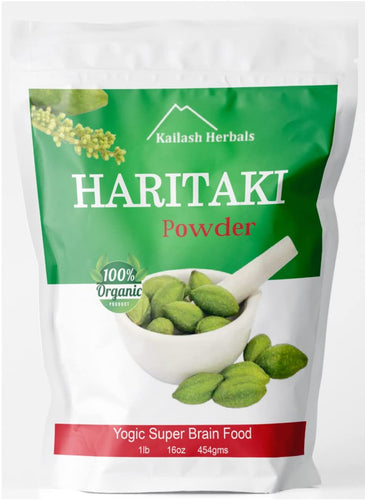 A package of Haritaki Powder by Kailash Herbals, labeled as 100% Organic and Yogic Super Brain Food, in a white and green design.